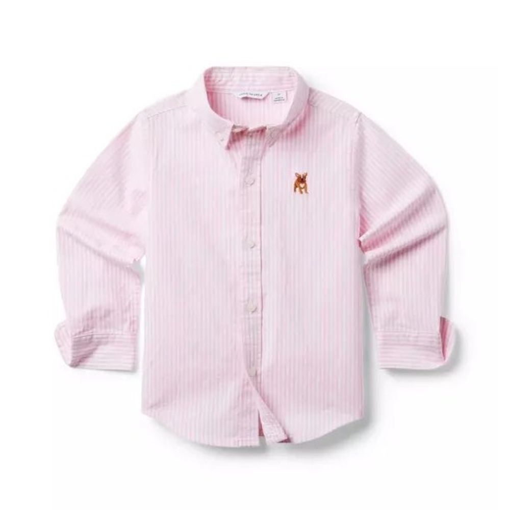 Janie and Jack Pink Stripe Oxford shirt French Bulldog Embroidered Boys Size 8